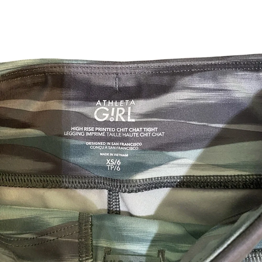 Athleta Girl High Rise Printed Chit Chat Tight XS 6 Green Camo Stripe Leggings